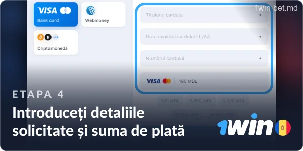 Introduceți detaliile necesare și suma de plată pentru retragerea de la 1win