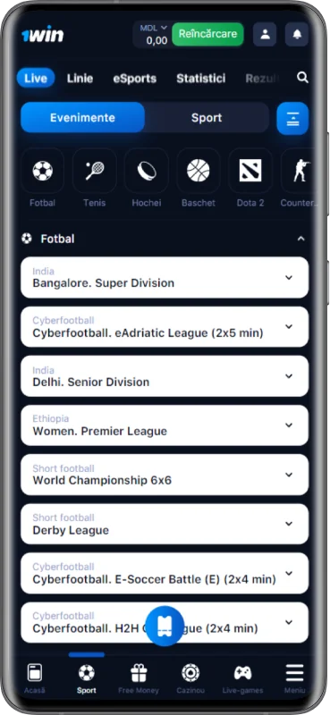Captură de ecran a paginii de pariuri live din aplicația 1win MD